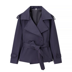 Women’s Solid Color Belted Short Trench Coat – European Style Cropped Jacket with Waist Tie