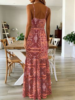 Women's Summer Boho Floral Print High-Waist V-Neck Spaghetti Strap Loose Maxi Dress
