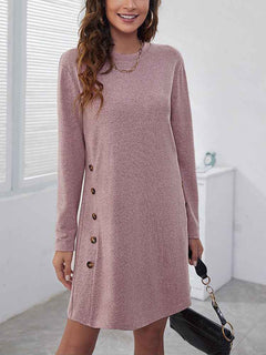 Women's Long-Sleeve Round-Neck Dress – Casual Loose Solid Color Fall & Spring Dress