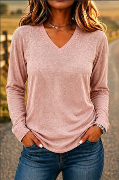 Women’s V-Neck Loose-Fit Long Sleeve T-Shirt – Solid Color Casual Pullover Top