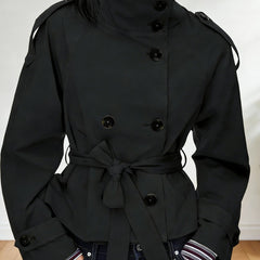 Women’s Retro Double-Breasted Trench Coat – Lapel Collar Long-Sleeve Lace-Up Short Jacket