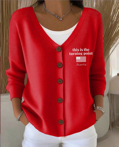 Women’s Printed Knit Cardigan Sweater with Buttons – Casual Long-Sleeve Patterned Pullover