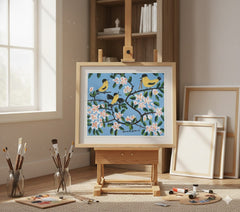 FRAMED ART PRINT BY MAUD LEWIS YELLOW BIRDS FOLK ART PAINTING FLAT STYLE WALL DECOR 24 X 28 INCHES