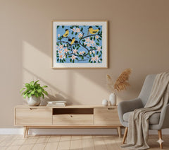 FRAMED ART PRINT BY MAUD LEWIS YELLOW BIRDS FOLK ART PAINTING FLAT STYLE WALL DECOR 24 X 28 INCHES