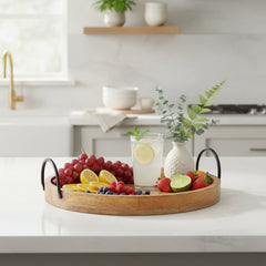 Round Serving Tray - 14" Mangowood with Metal Handles